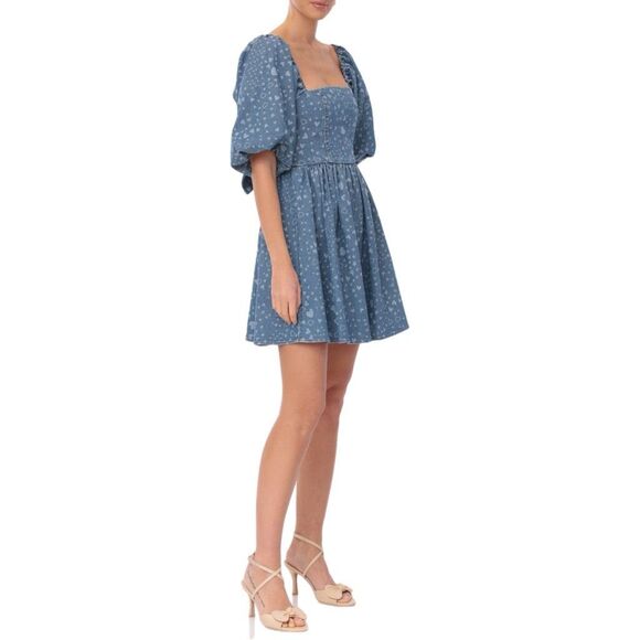 NWT Avec Les Filles puff sleeves baby doll mini dress in denim with heart prints - Picture 6 of 16